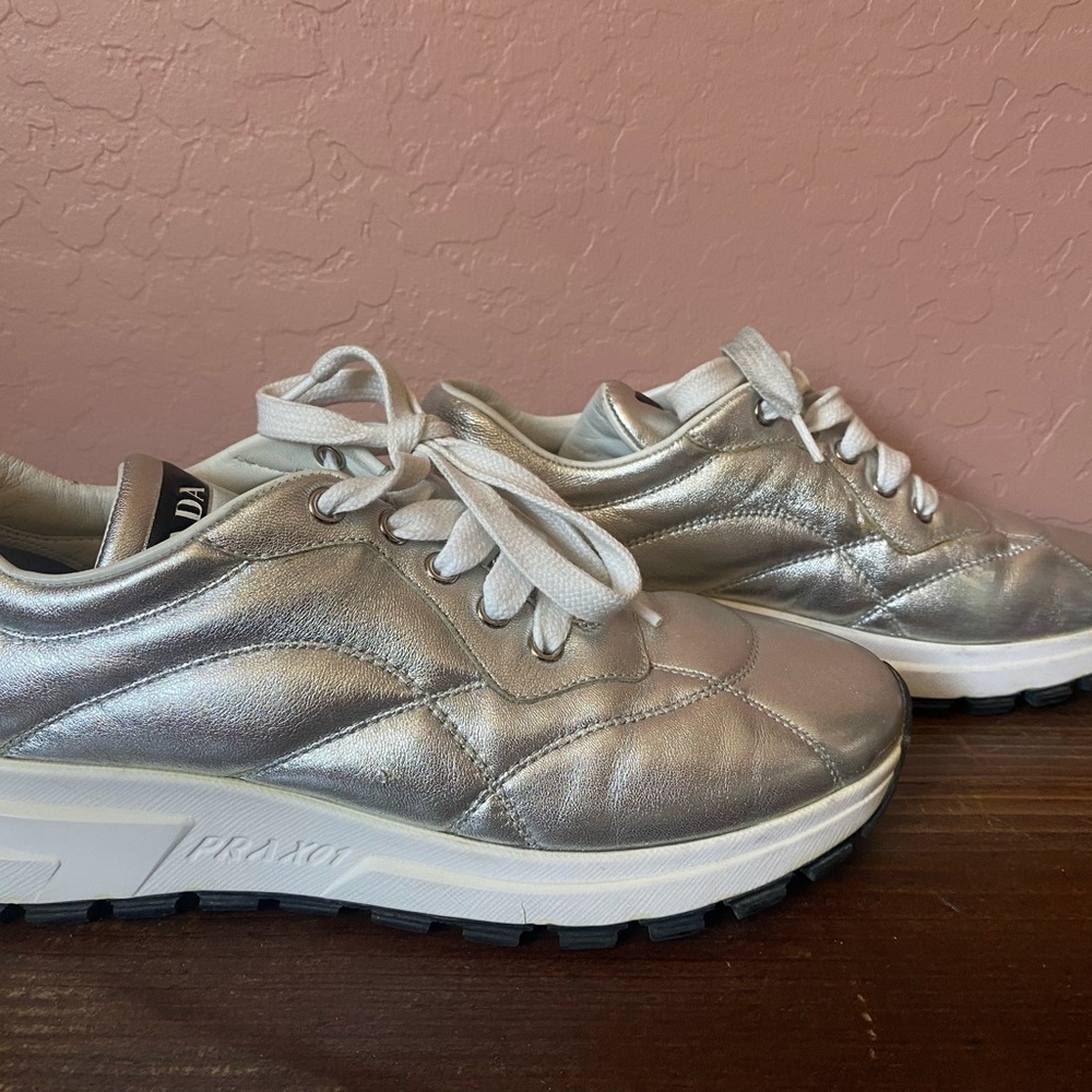 Prada Metallic Silver Lace-Up Sneakers - Picture 5 of 7